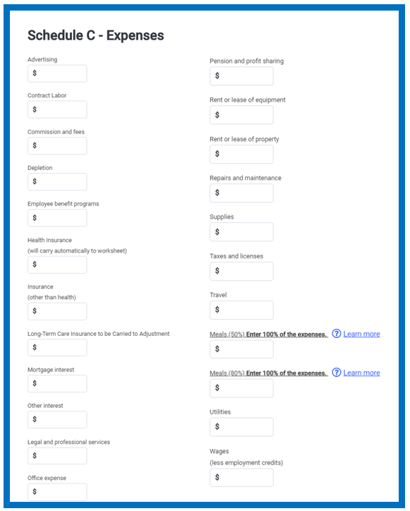 Schedule C Expenses Worksheet